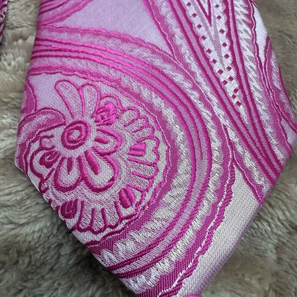 Barry Wang Paisley Woven Men’s Tie Pink Necktie Pocket Square Wedding Formal NWT